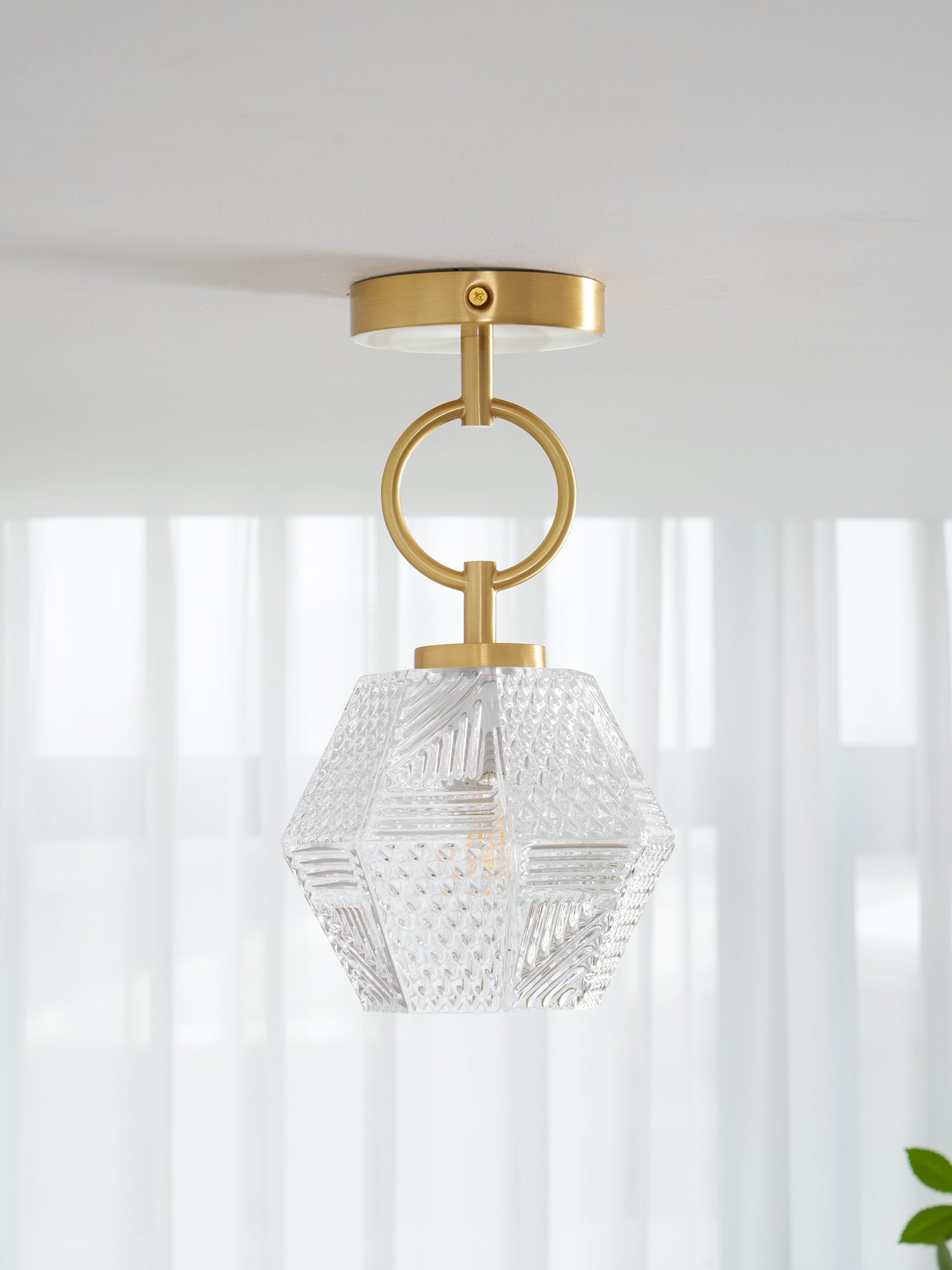 Art Deco Ceiling Light Diamond Cut Glass Brass Finish for Bedside