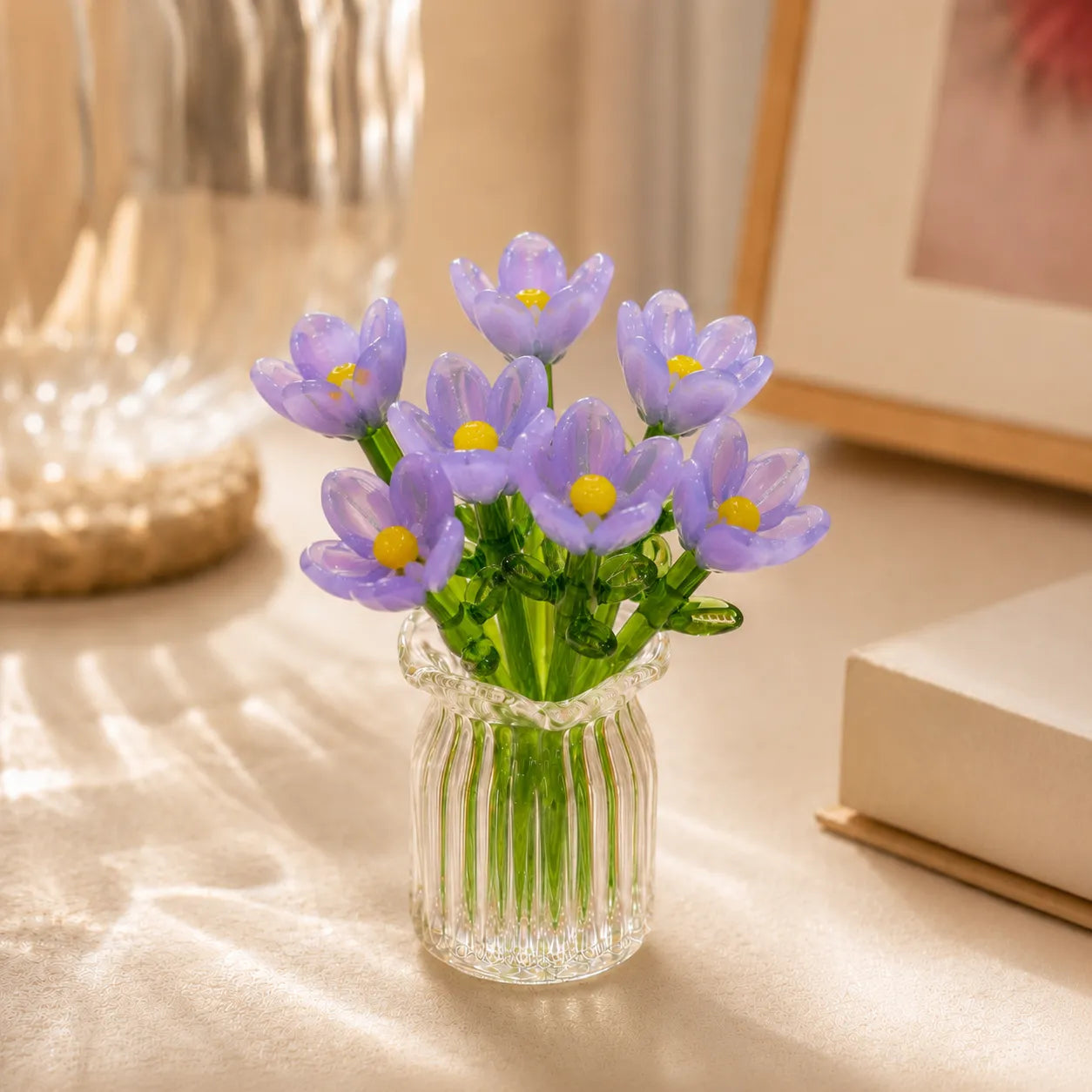 Hand-Blown Glass Flower Bouquet with Fluted Mini Vase
