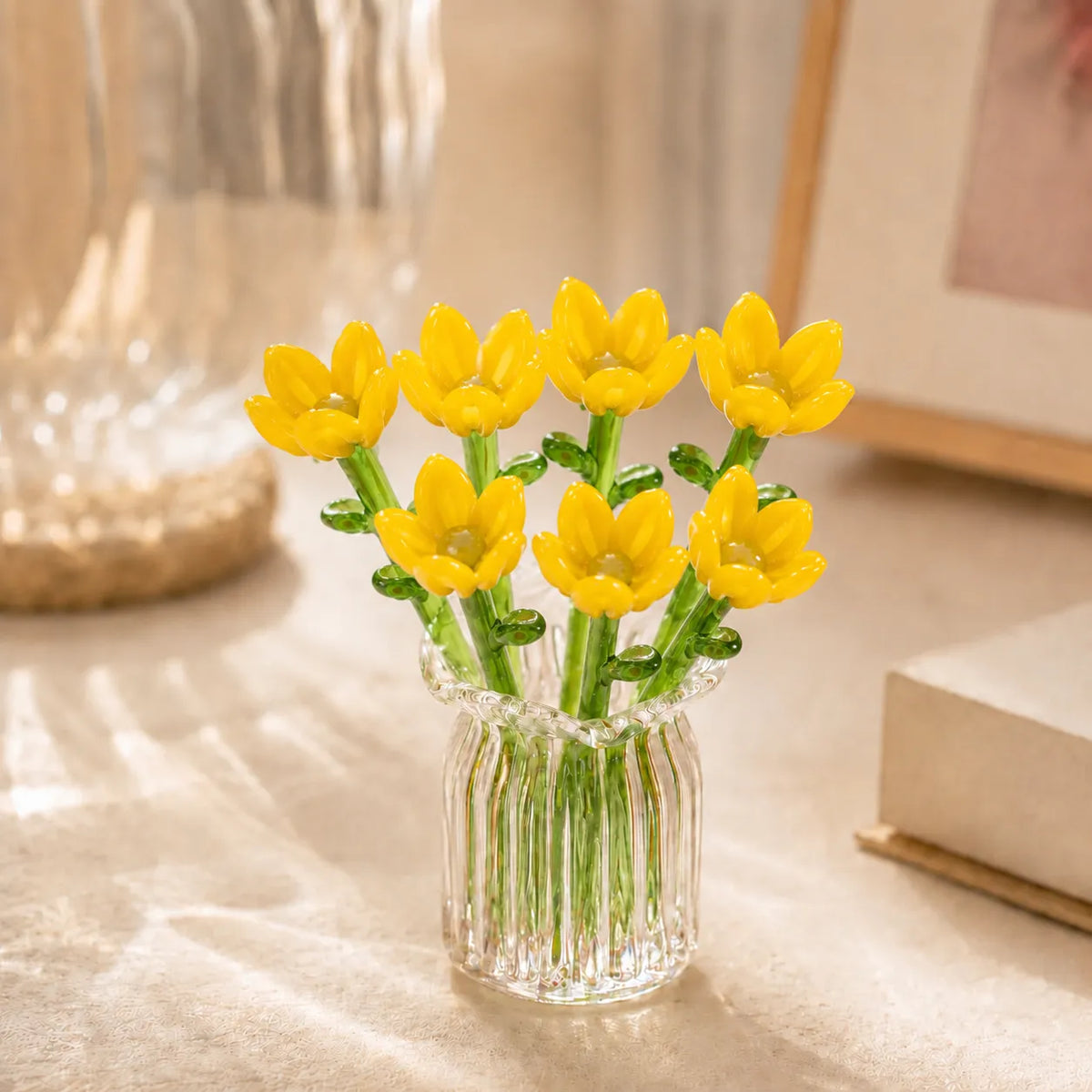 Hand-Blown Glass Flower Bouquet with Fluted Mini Vase