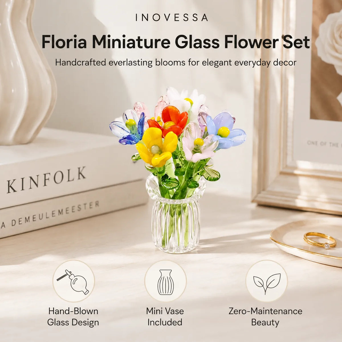 Hand-Blown Glass Flower Bouquet with Fluted Mini Vase