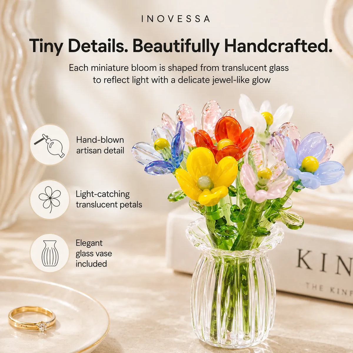 Hand-Blown Glass Flower Bouquet with Fluted Mini Vase