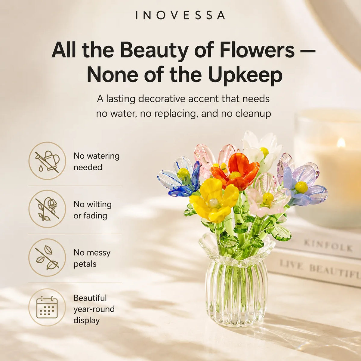 Hand-Blown Glass Flower Bouquet with Fluted Mini Vase