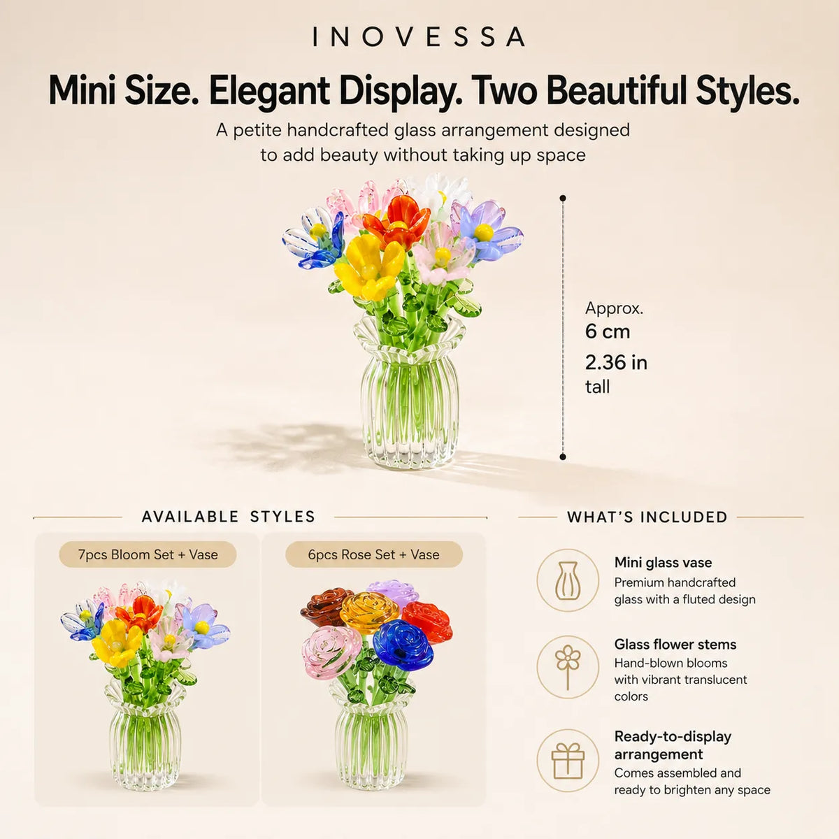 Hand-Blown Glass Flower Bouquet with Fluted Mini Vase