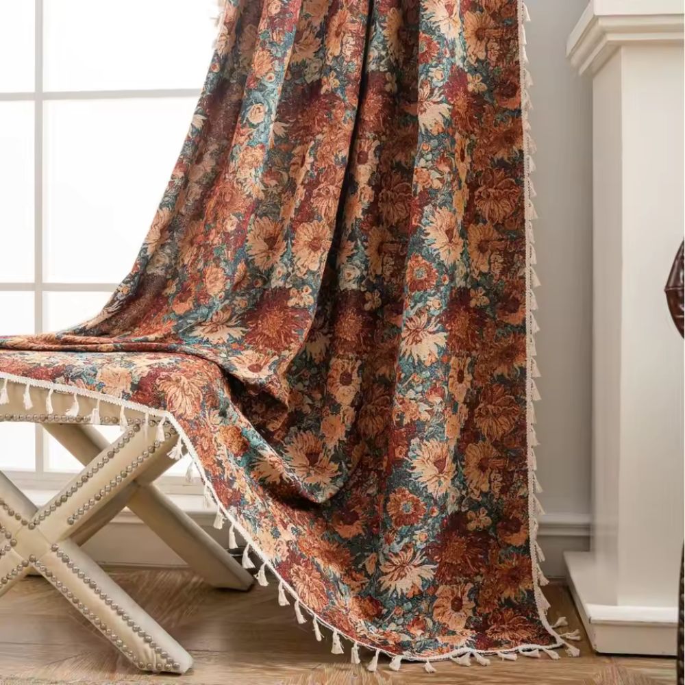 French Vintage Floral Curtain Panel Light Filtering Microfiber