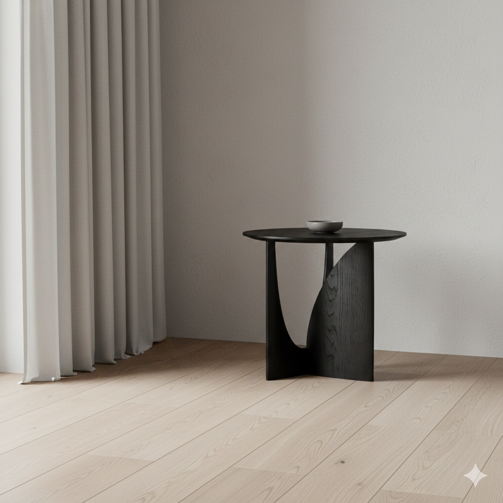 Round Solid Wood Side Table with Sculpted Geometric Base