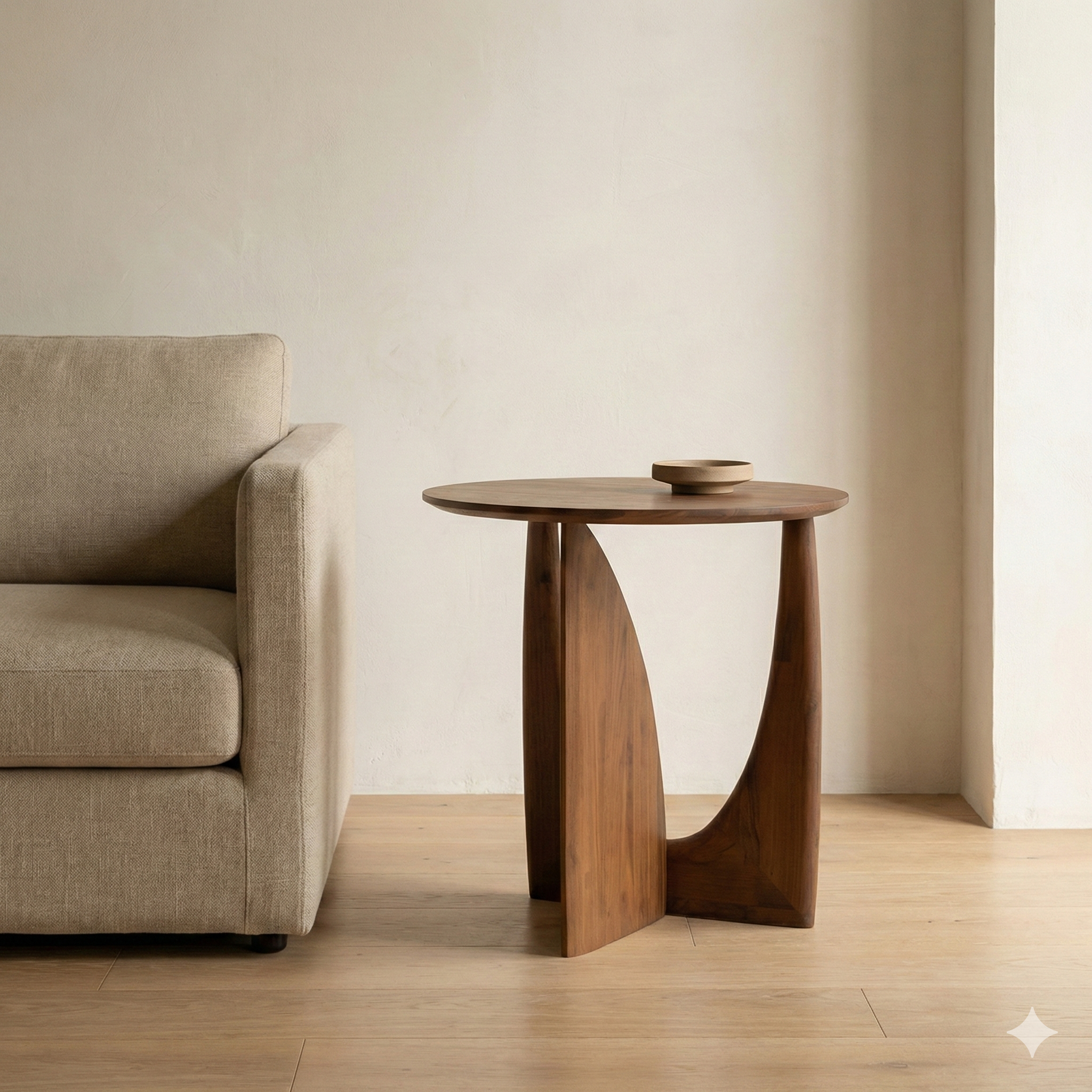 Round Solid Wood Side Table with Sculpted Geometric Base