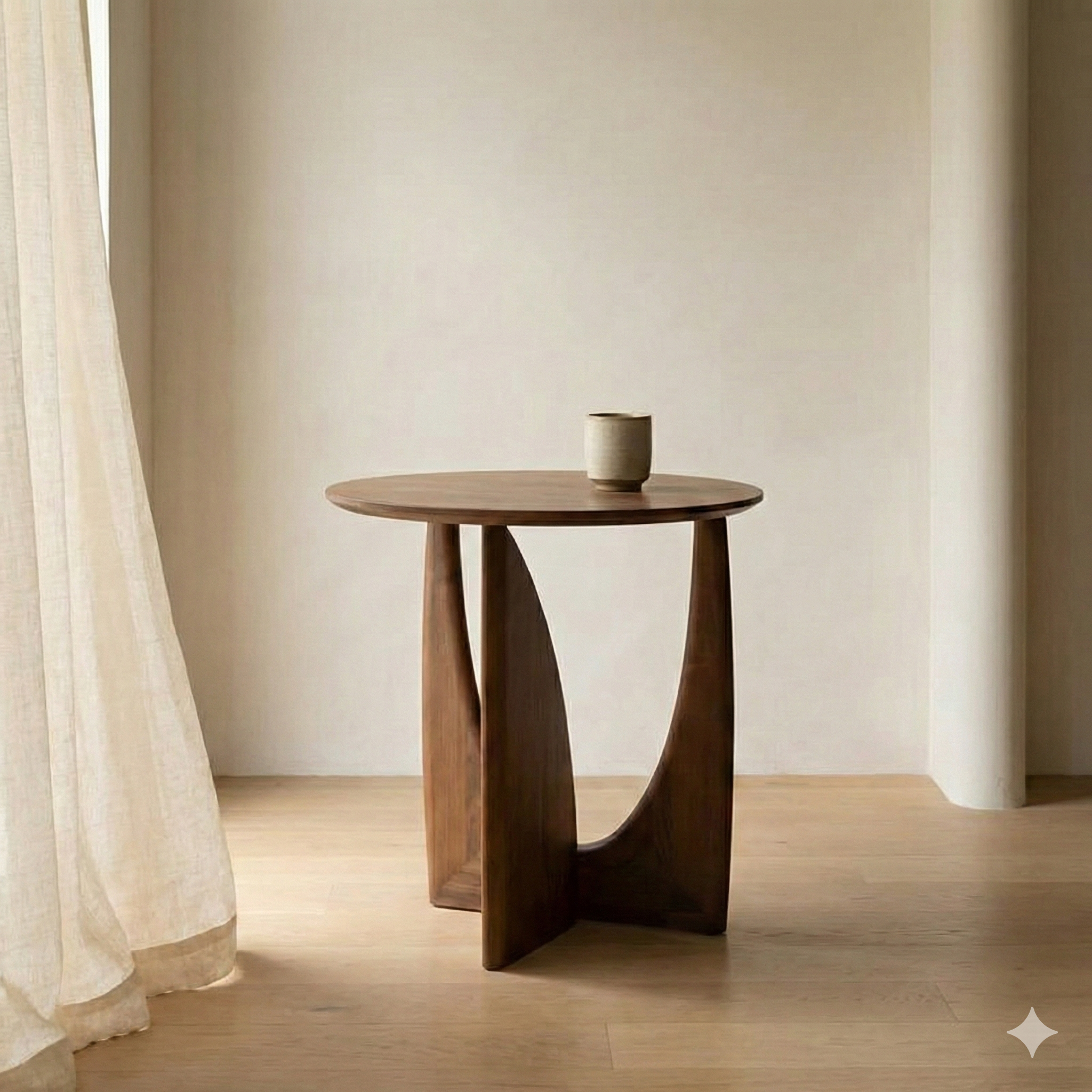 Round Solid Wood Side Table with Sculpted Geometric Base