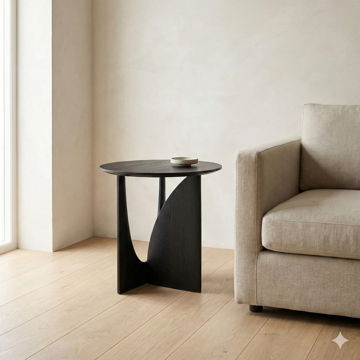 Round Solid Wood Side Table with Sculpted Geometric Base