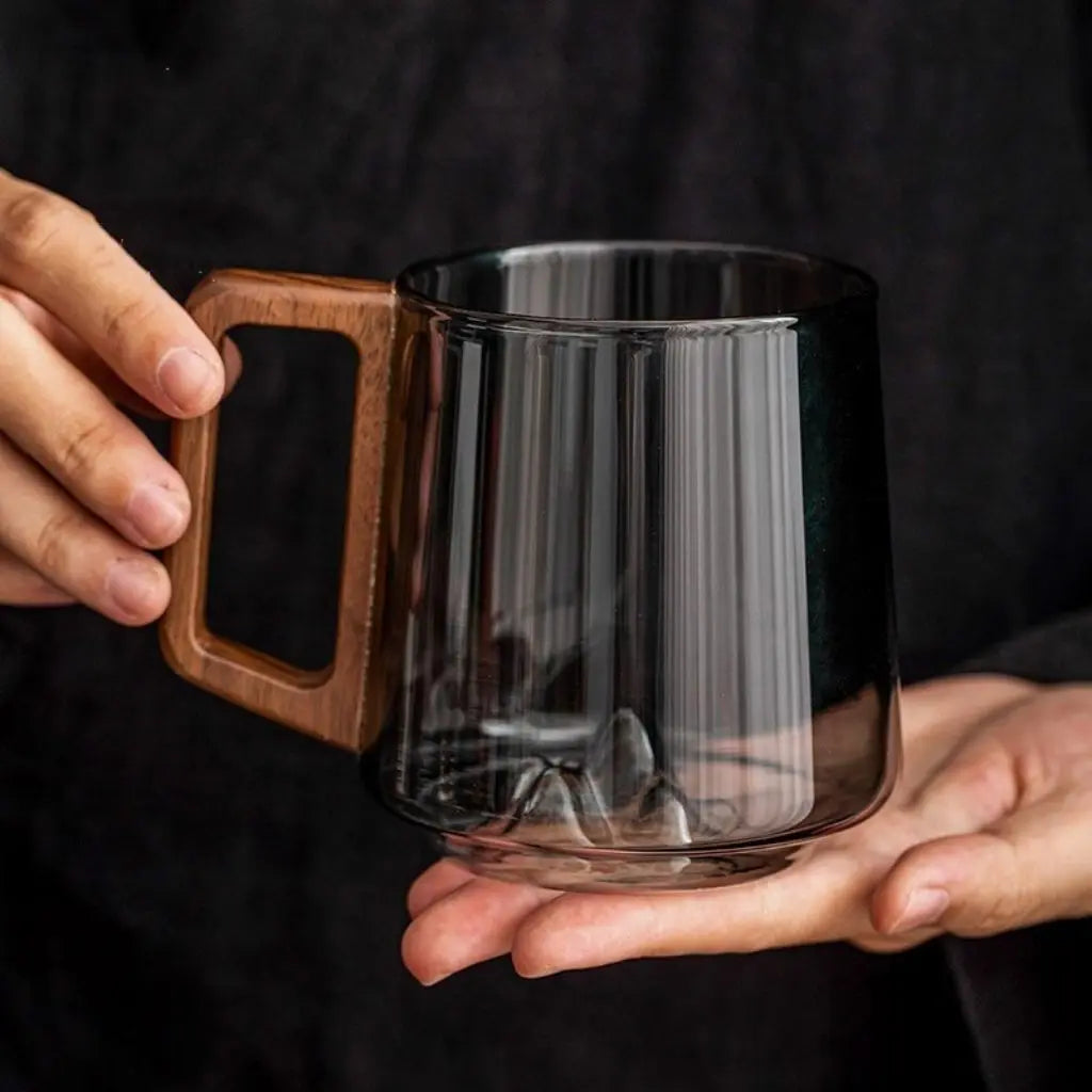Borosilicate Glass Mug with Wooden Handle and Mountain Base