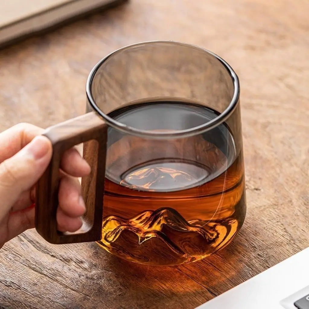 Borosilicate Glass Mug with Wooden Handle and Mountain Base