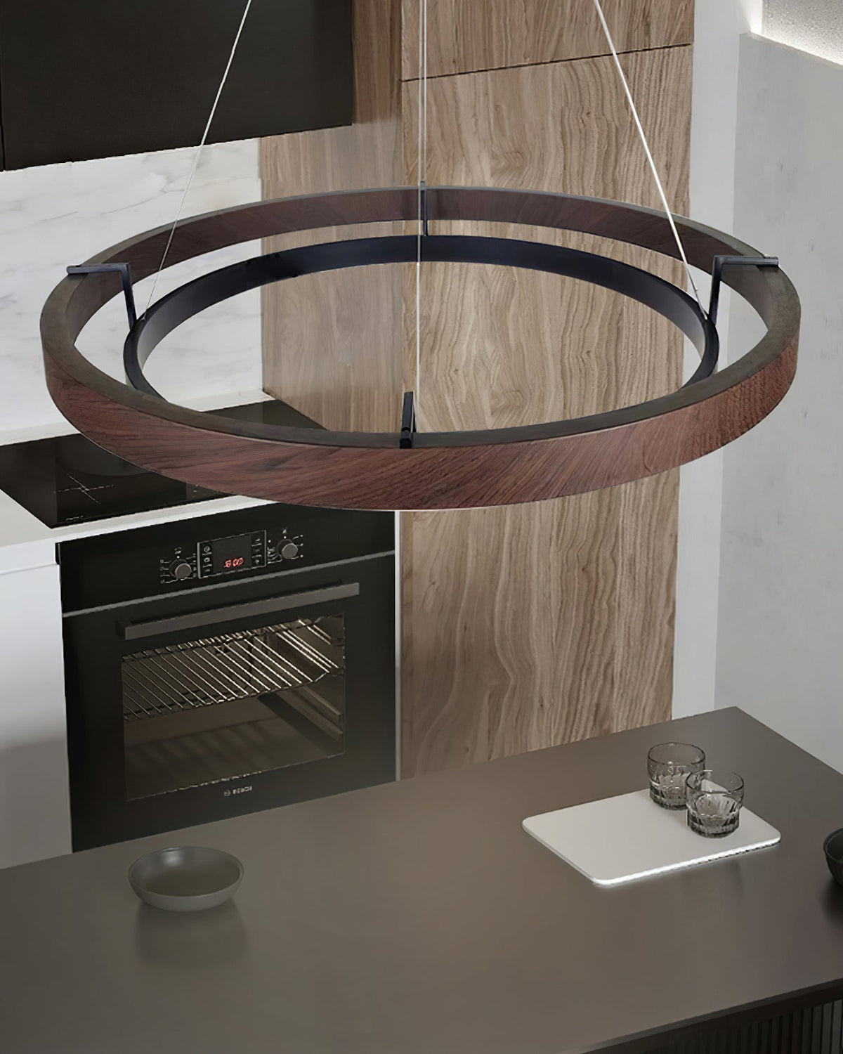 Double Ring LED Chandelier Walnut Finish Integrated Light Dining Room