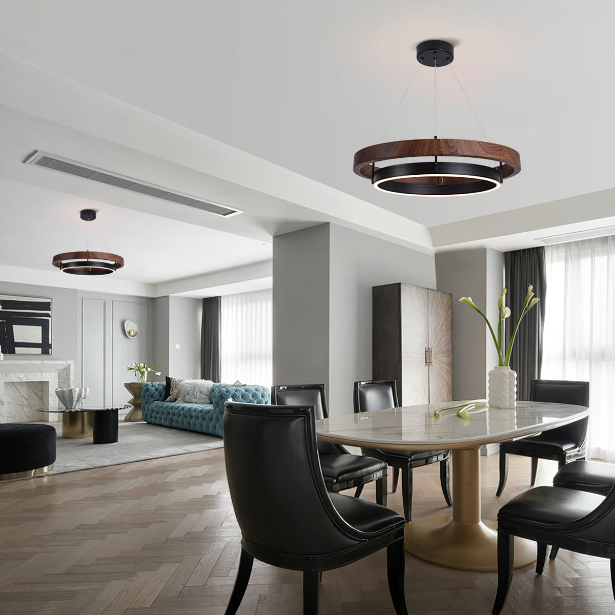 Double Ring LED Chandelier Walnut Finish Integrated Light Dining Room