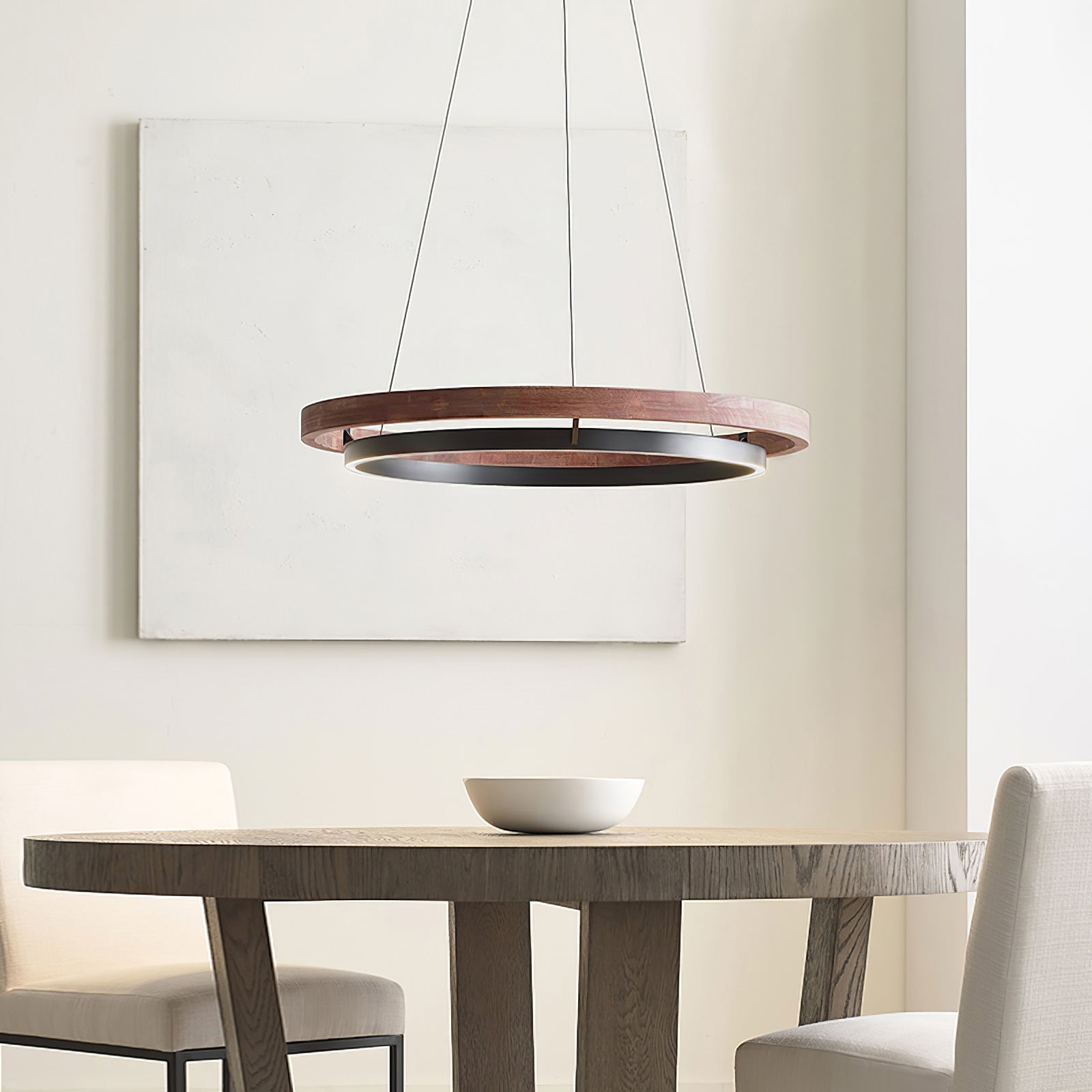 Double Ring LED Chandelier Walnut Finish Integrated Light Dining Room