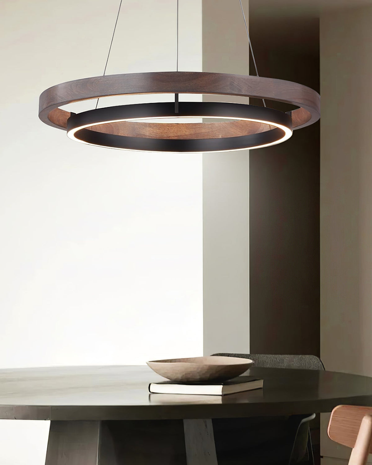 Double Ring LED Chandelier Walnut Finish Integrated Light Dining Room