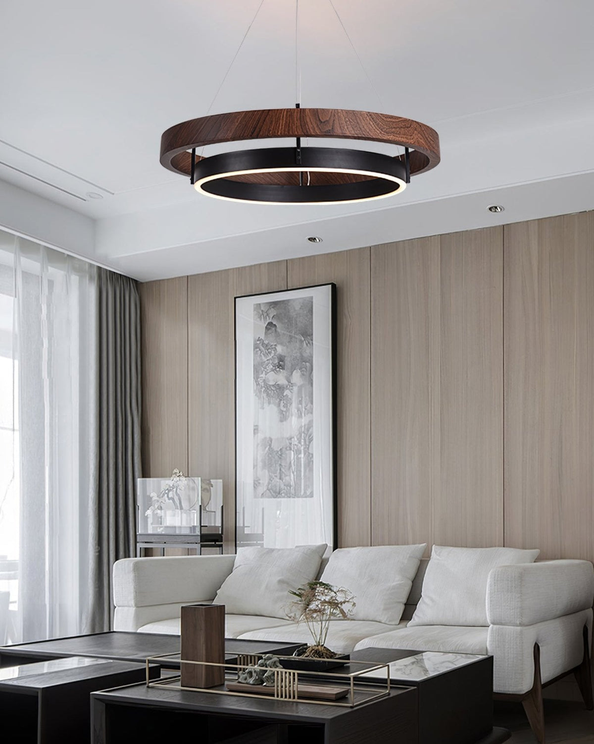 Double Ring LED Chandelier Walnut Finish Integrated Light Dining Room