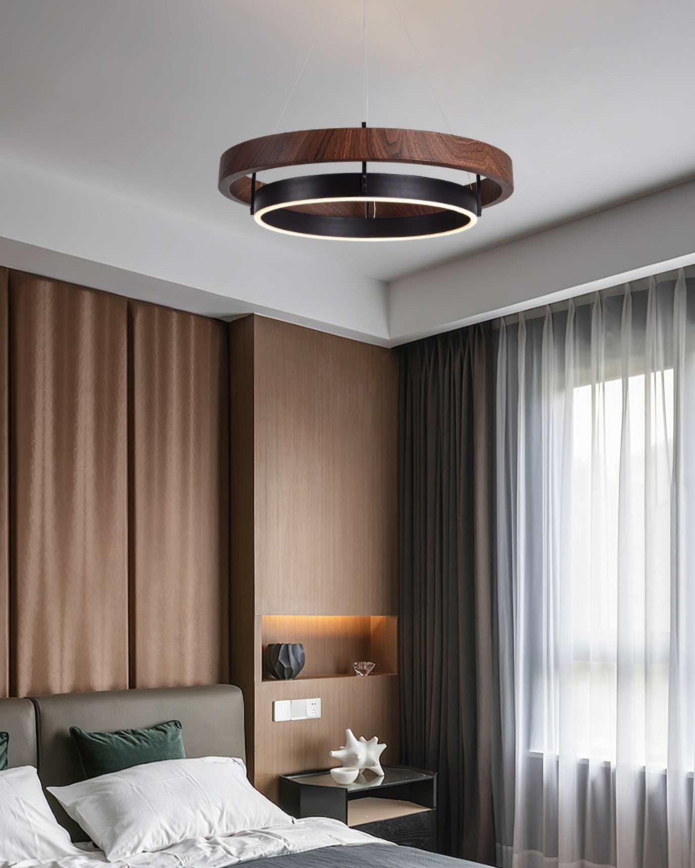 Double Ring LED Chandelier Walnut Finish Integrated Light Dining Room
