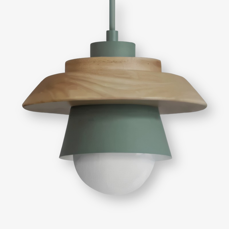 Hængende lagdelt loftslampe med træskærm
