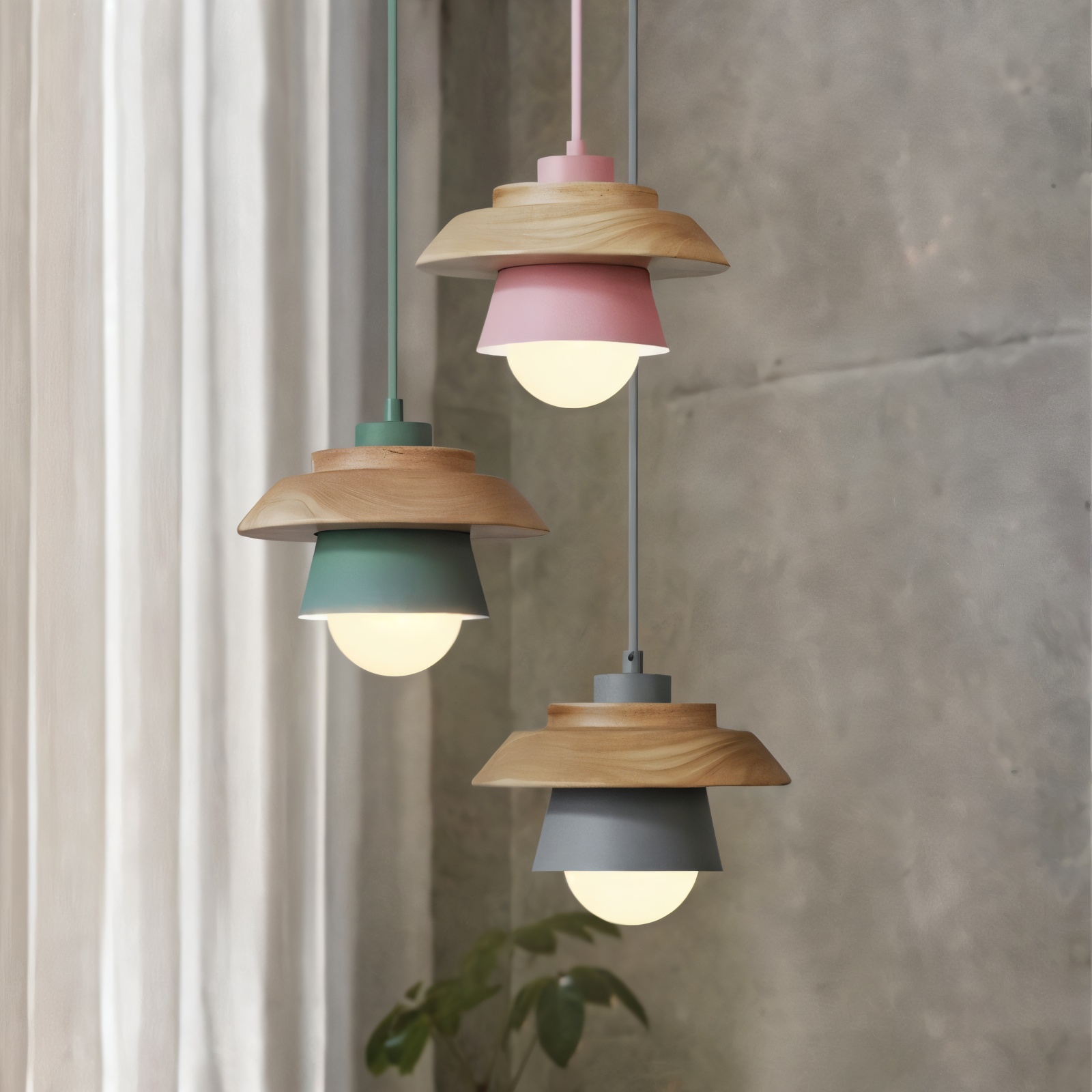 Hængende lagdelt loftslampe med træskærm