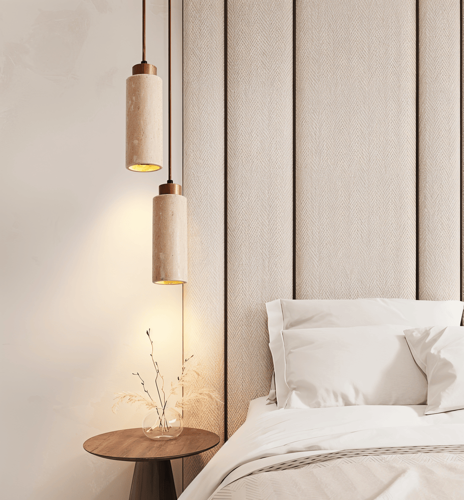 Hængende marmorpendellampe i natursten med downlight