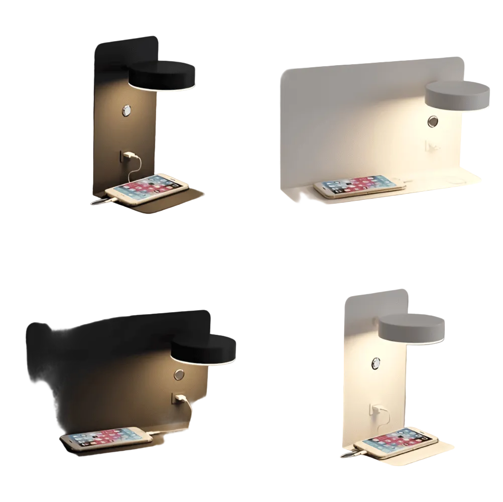 LED væglampe med sengehylde og USB opladning