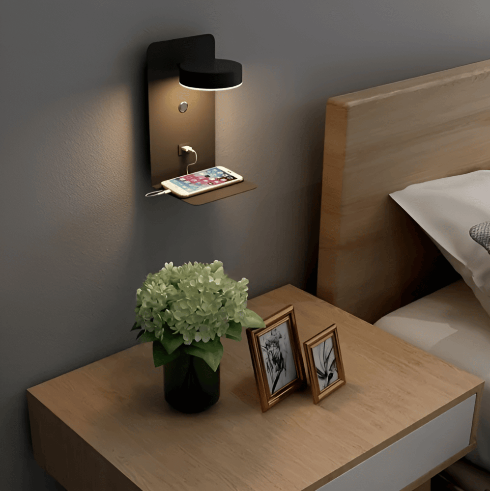 LED væglampe med sengehylde og USB opladning