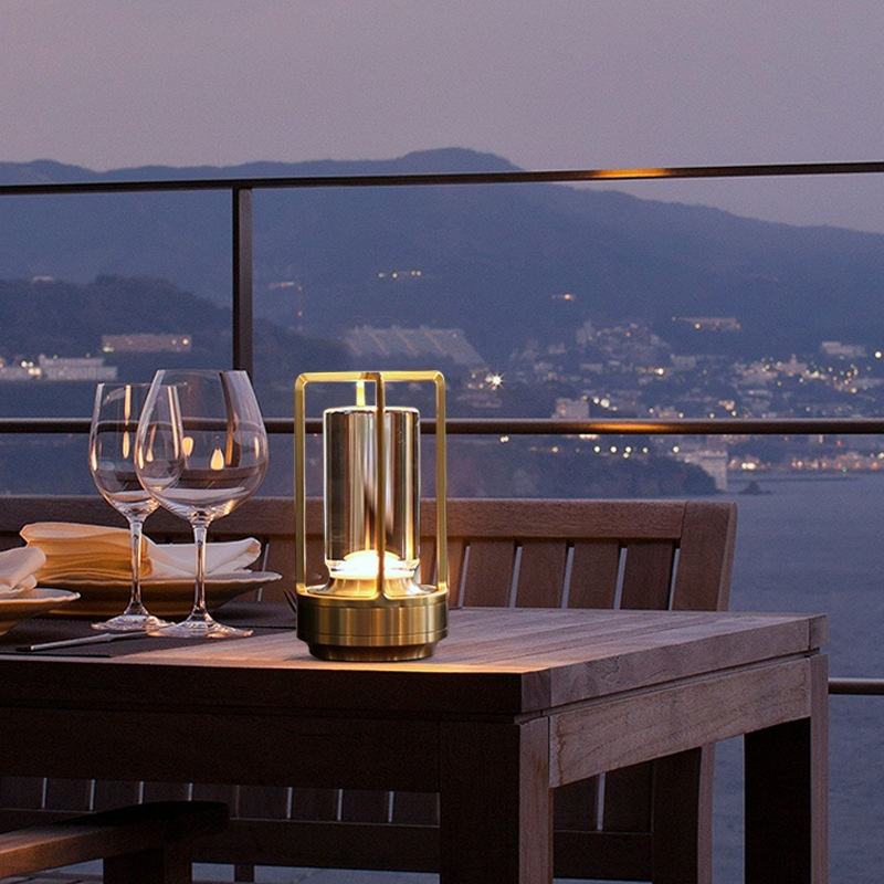 Cordless Table Lamp Lantern Style Metal Cage Dimmable for Patio and Dining