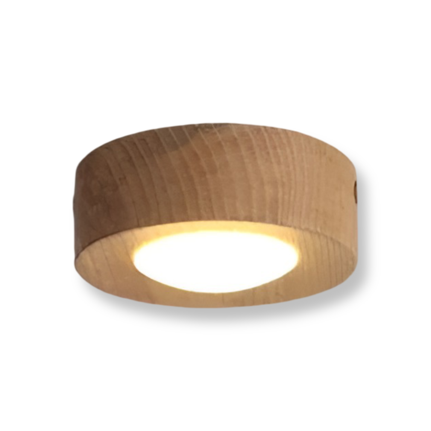 Loftlampe i træ med cylindrisk skærm og messingring
