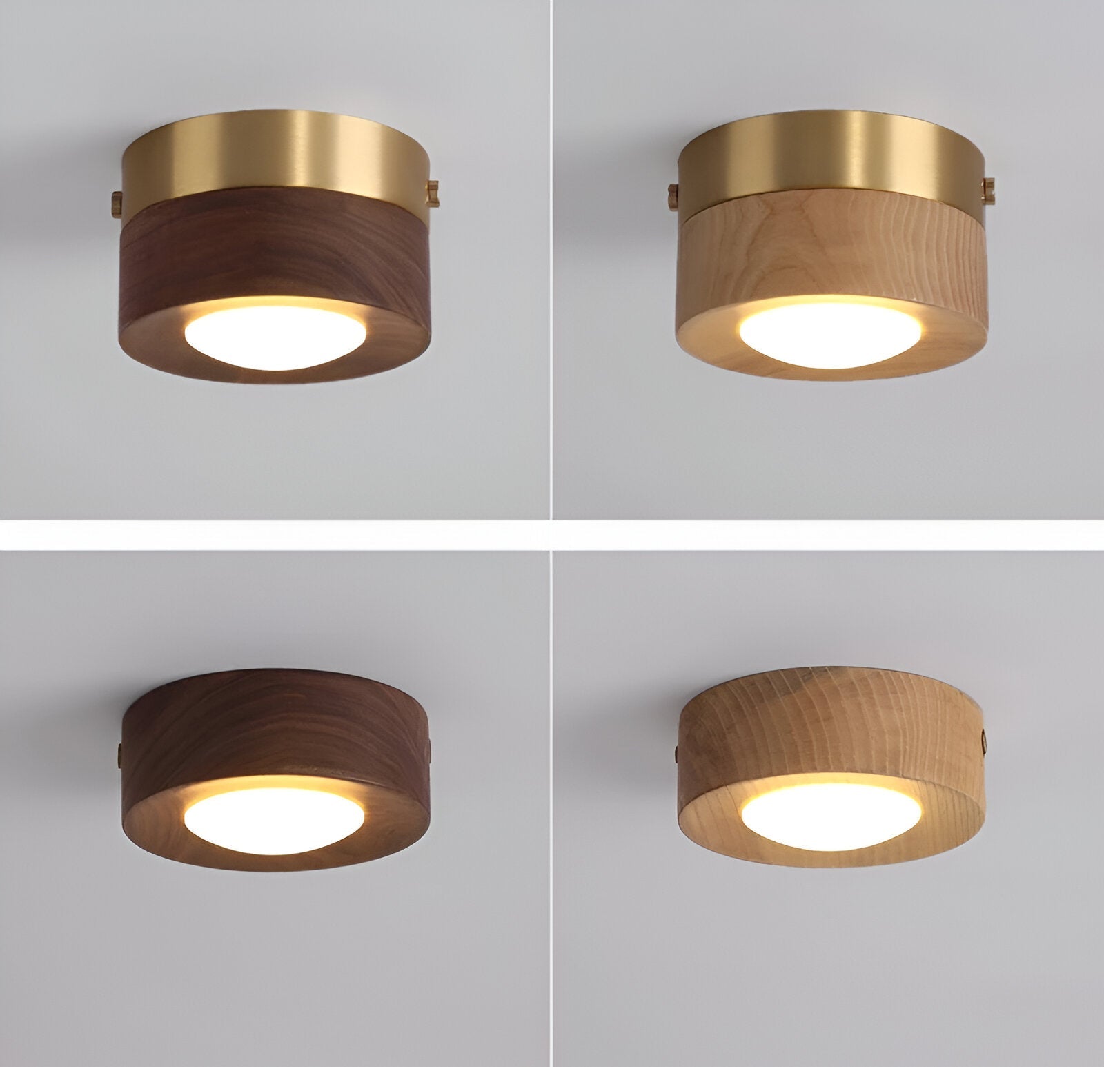 Loftlampe i træ med cylindrisk skærm og messingring