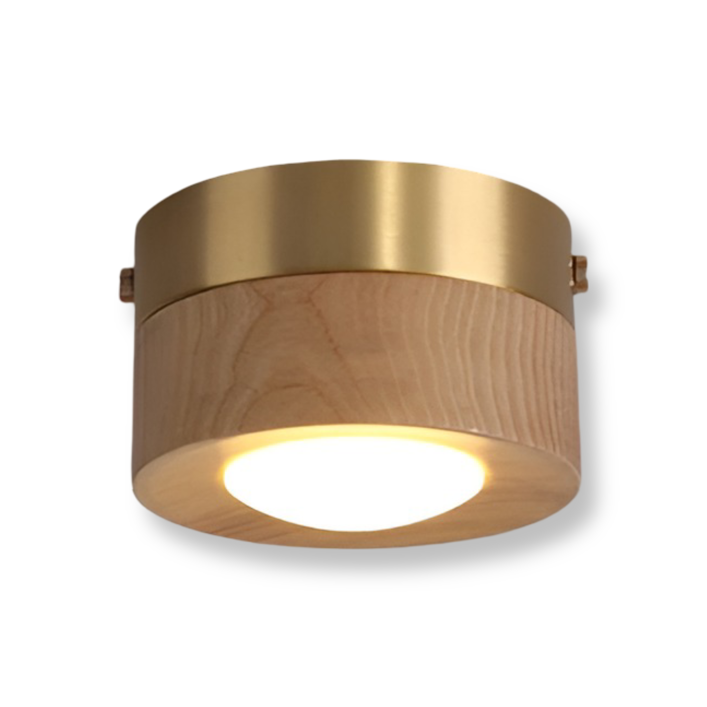 Loftlampe i træ med cylindrisk skærm og messingring
