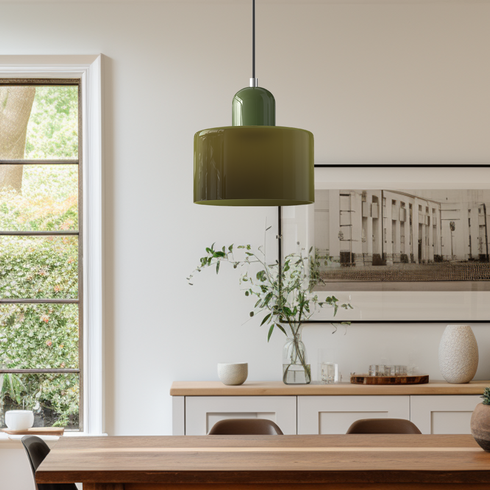 Loftslampe med cylinderformet glasskærm og kuppelformet top