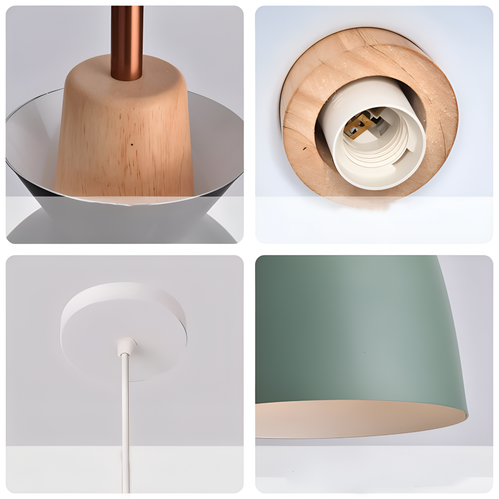 Loftslampe med forskelligt formede matskærme og trædetaljer