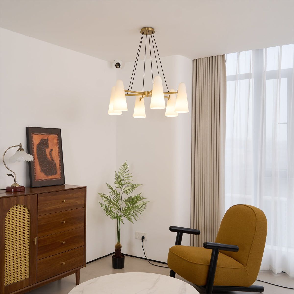 Brass Chandelier with White Glass Shades Candelabra Base Dining Room