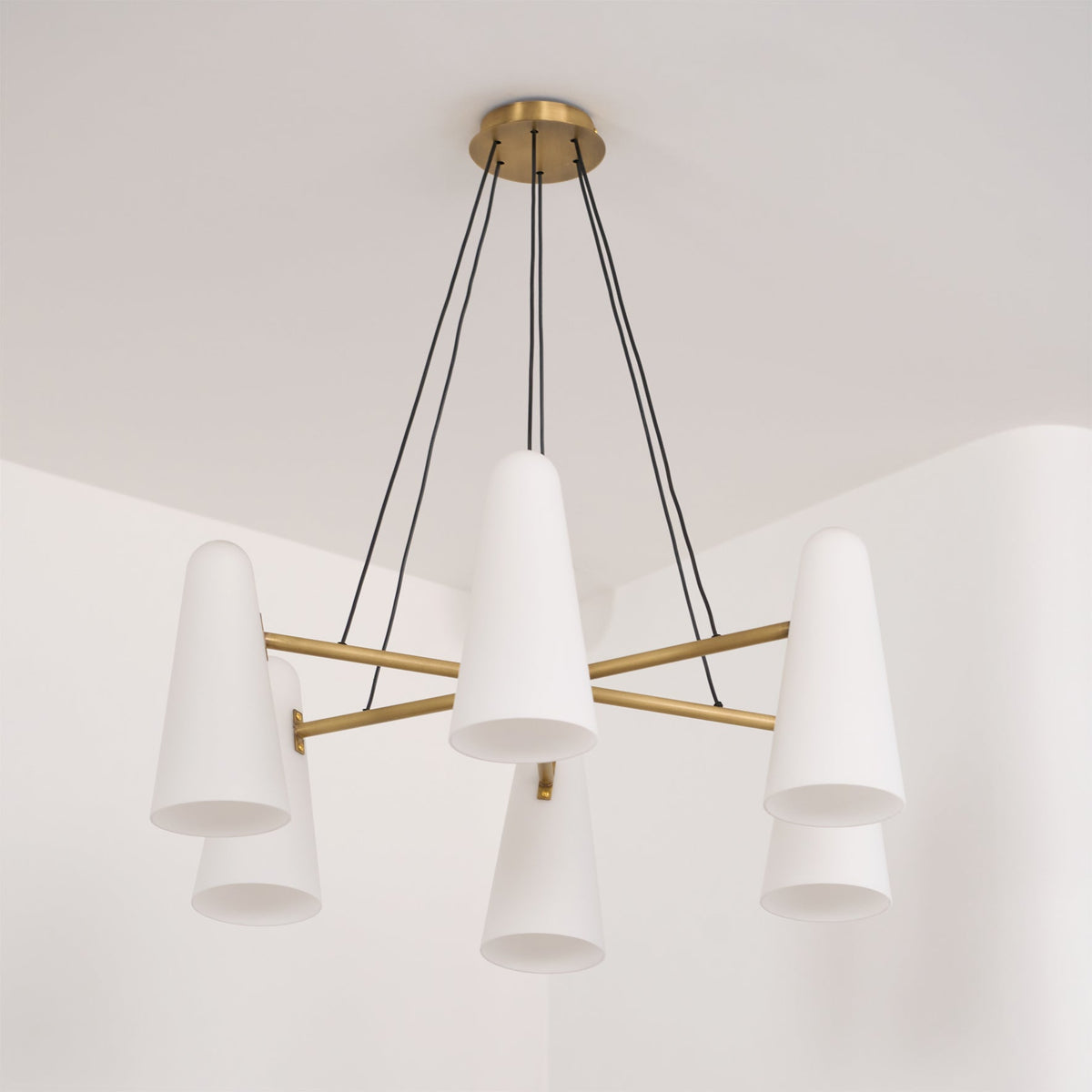 Brass Chandelier with White Glass Shades Candelabra Base Dining Room