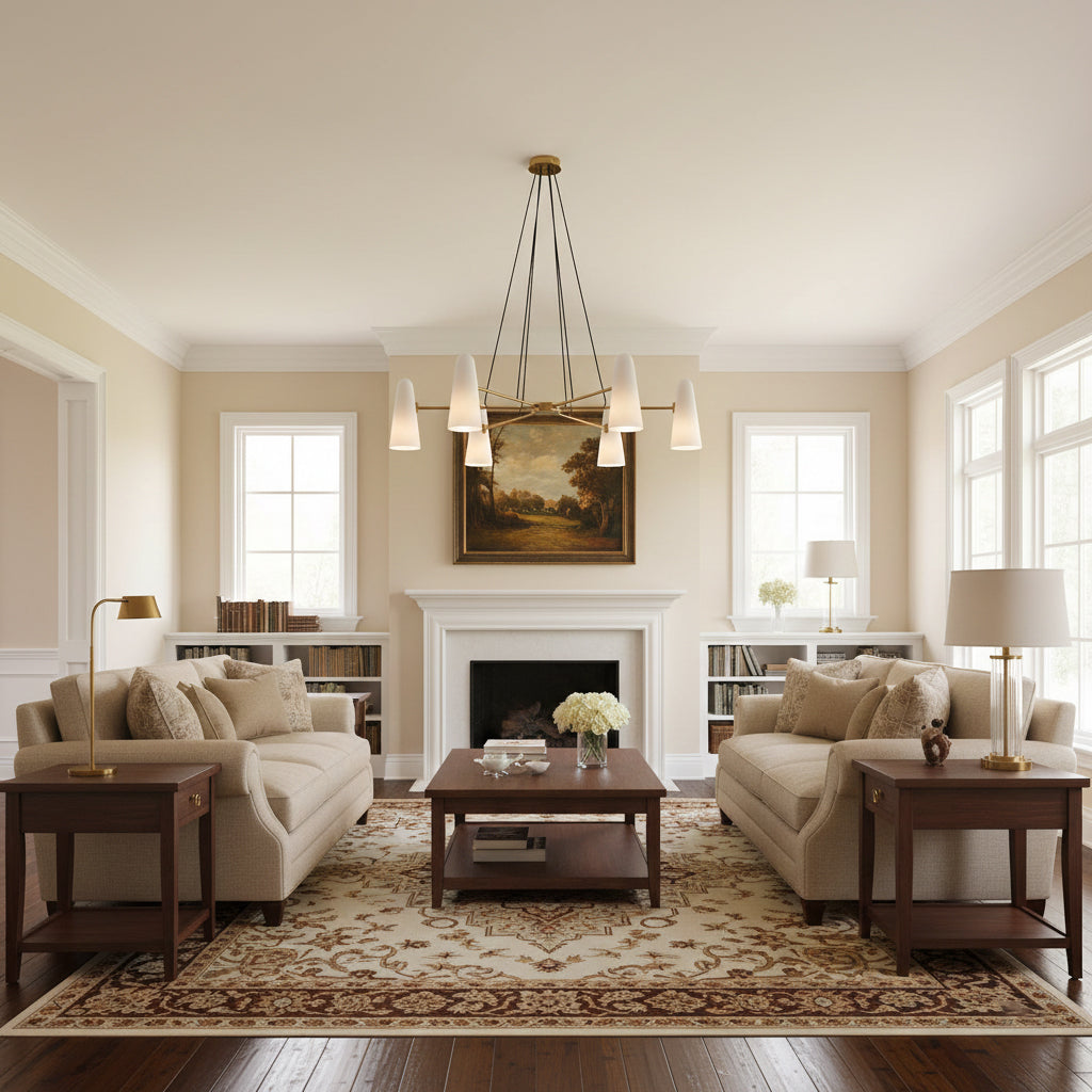 Brass Chandelier with White Glass Shades Candelabra Base Dining Room