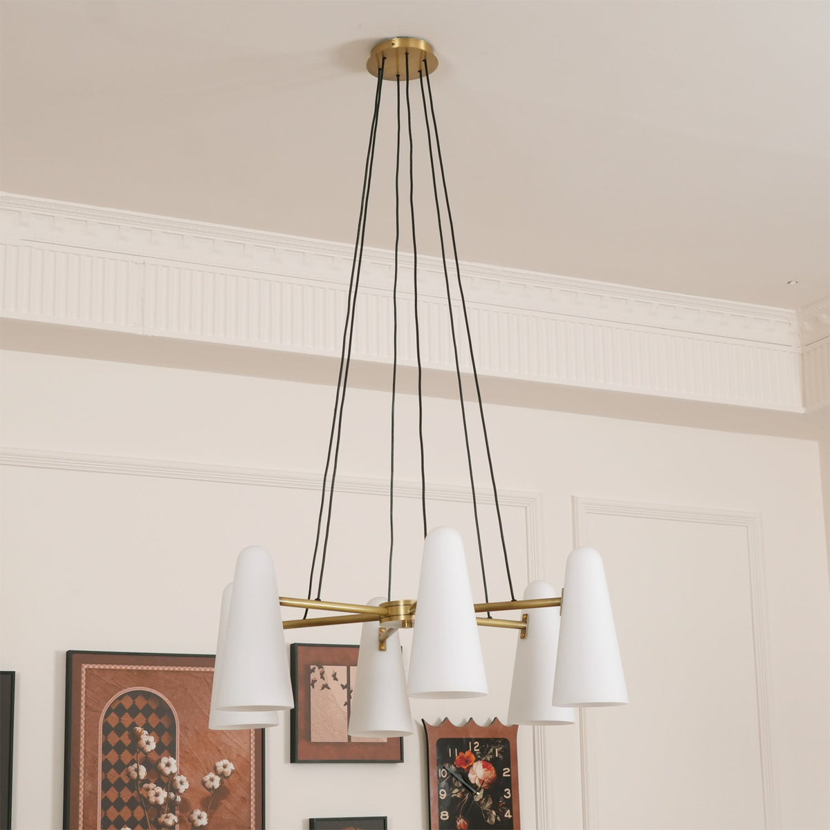 Brass Chandelier with White Glass Shades Candelabra Base Dining Room