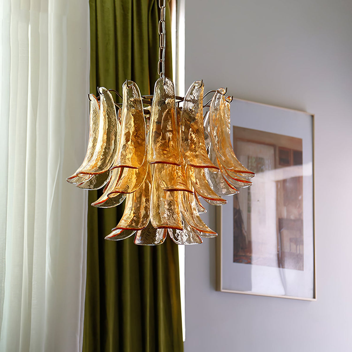 Murano Style Glass Petal Chandelier Hand Formed Glass Copper Frame