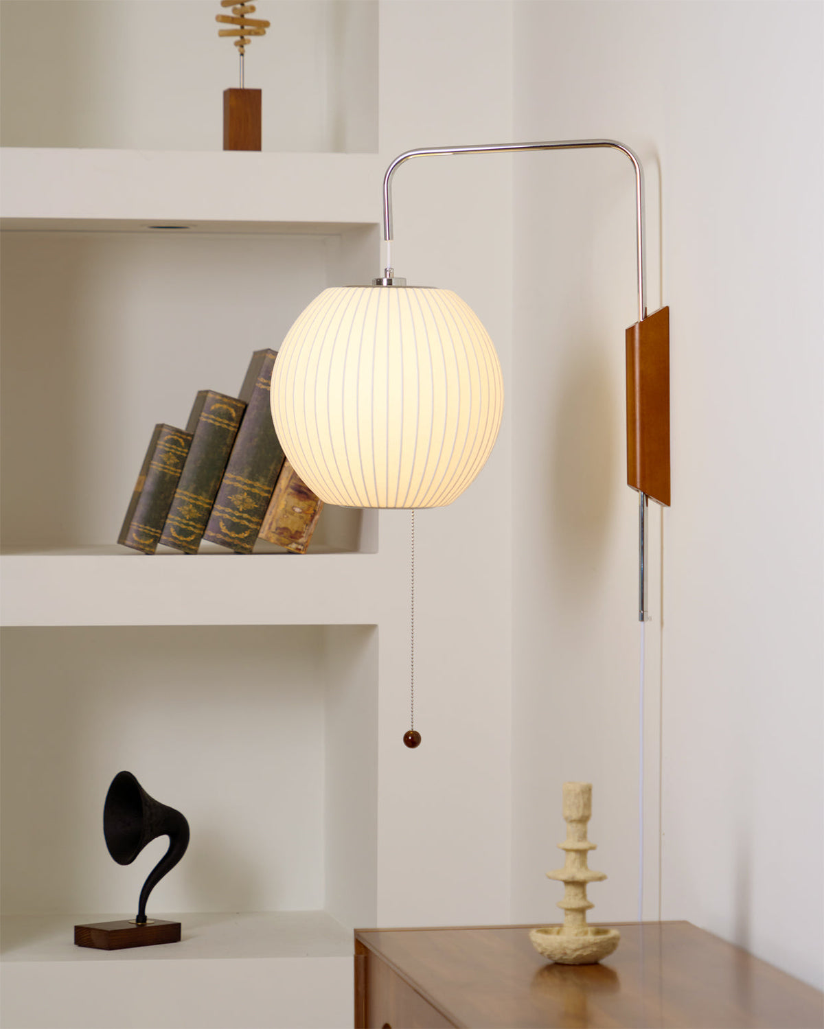 Plug In Wall Sconce Polymer Shade Walnut Backplate Mid Century Bedside