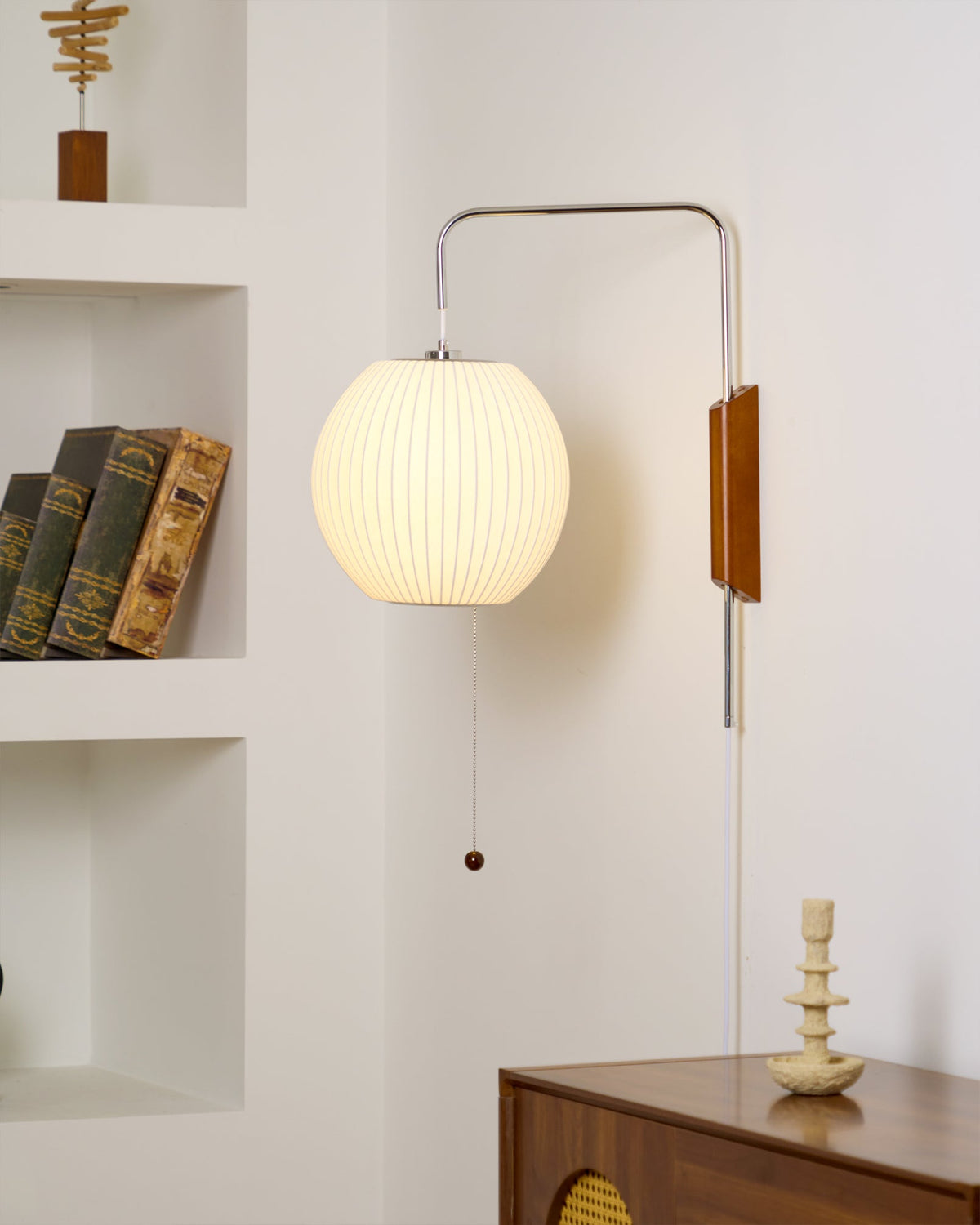 Plug In Wall Sconce Polymer Shade Walnut Backplate Mid Century Bedside