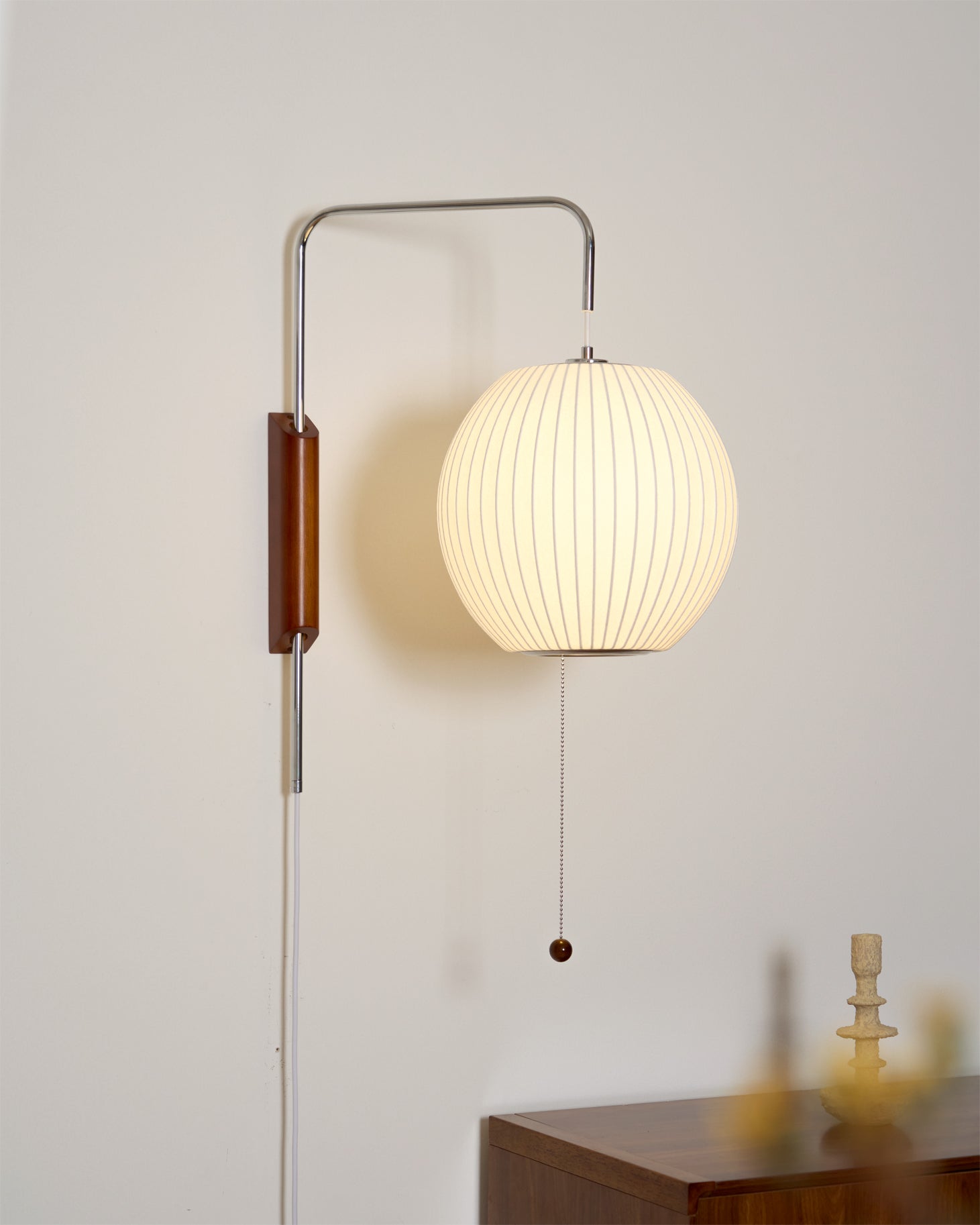 Plug In Wall Sconce Polymer Shade Walnut Backplate Mid Century Bedside