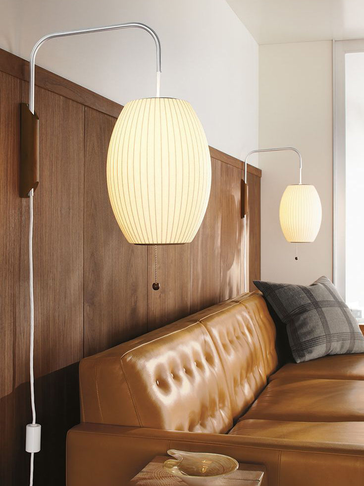 Plug In Wall Sconce Polymer Shade Walnut Backplate Mid Century Bedside