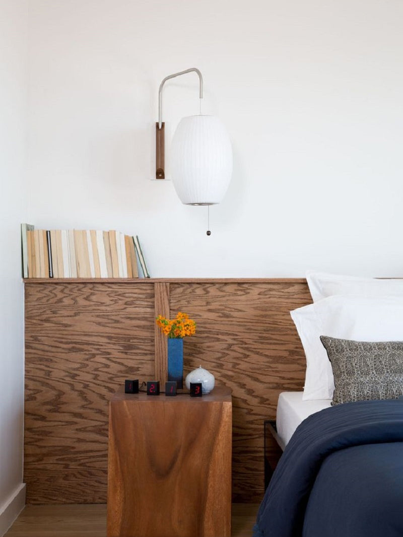 Plug In Wall Sconce Polymer Shade Walnut Backplate Mid Century Bedside
