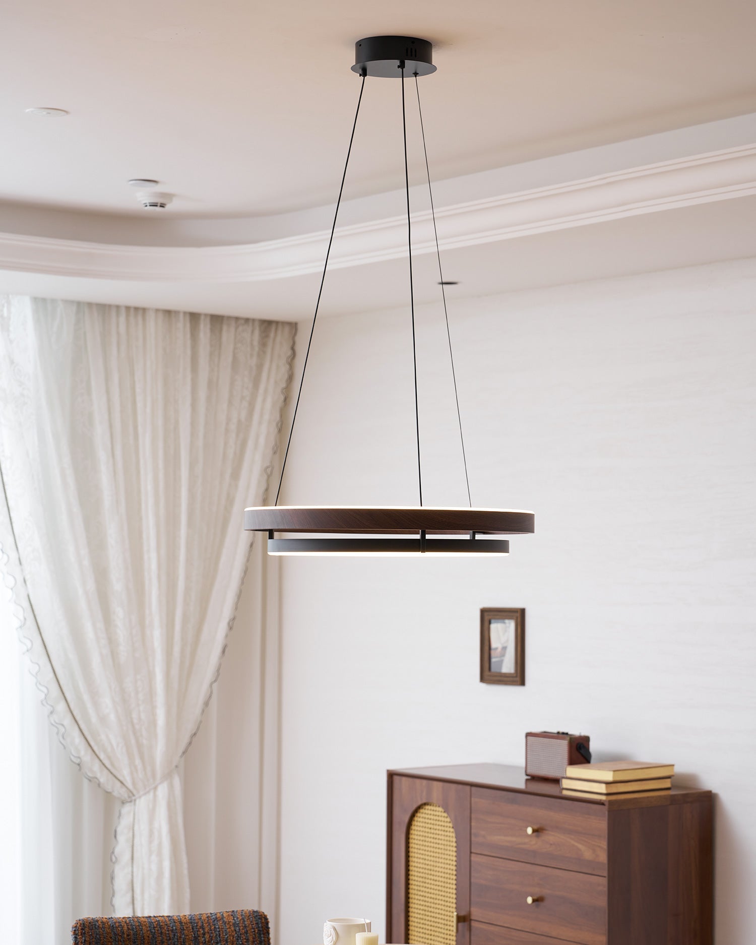 Halo Ring LED Pendant Light Walnut Finish Triac Dimmable Living Room