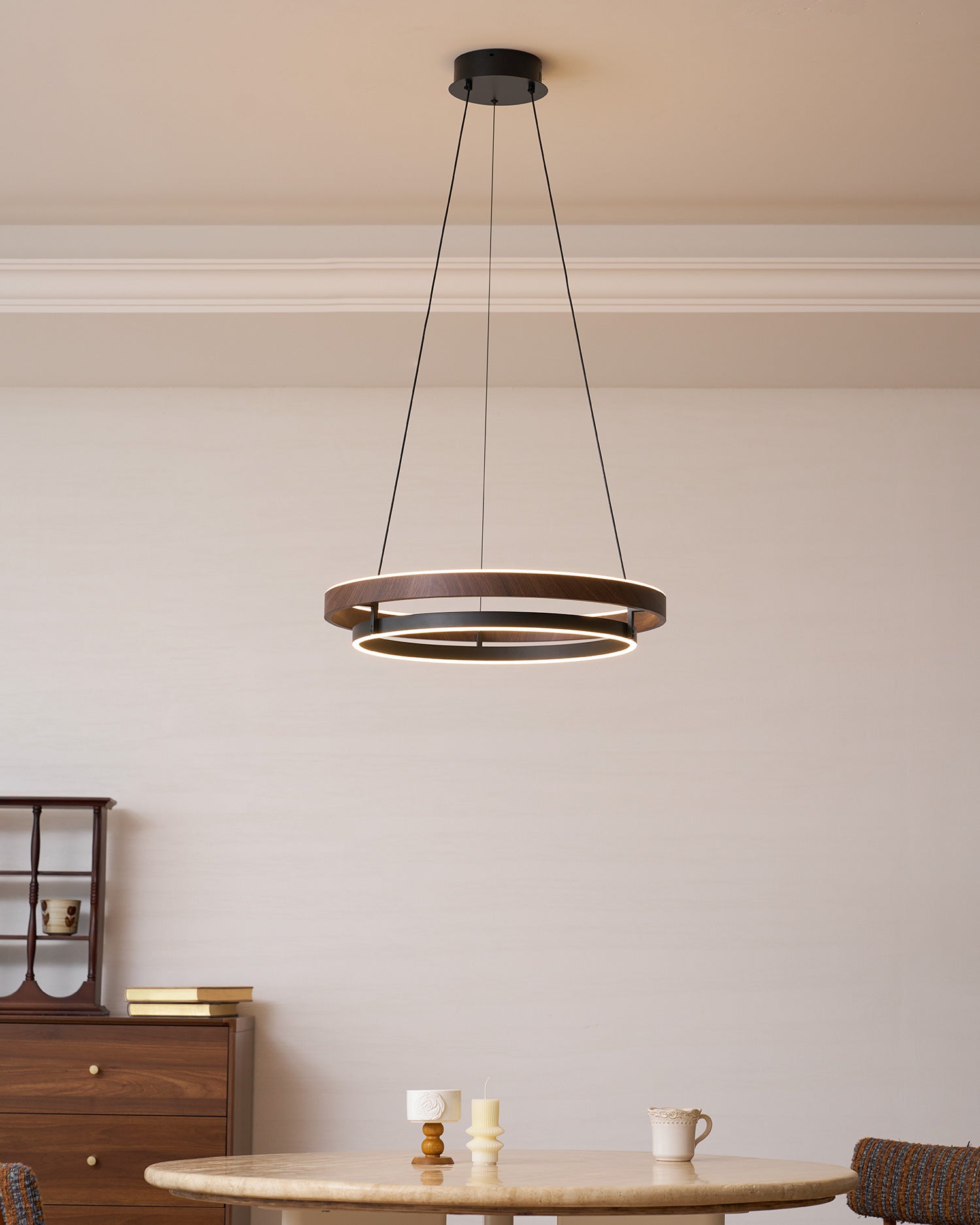 Halo Ring LED Pendant Light Walnut Finish Triac Dimmable Living Room