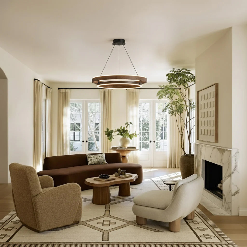 Halo Ring LED Pendant Light Walnut Finish Triac Dimmable Living Room