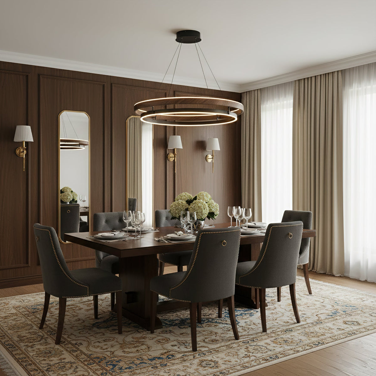 Halo Ring LED Pendant Light Walnut Finish Triac Dimmable Living Room