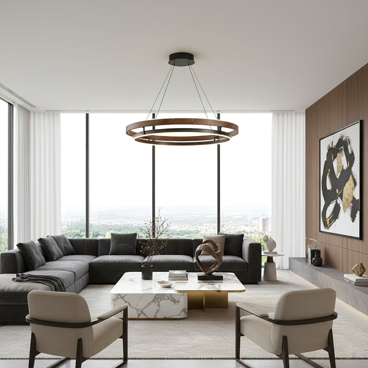 Halo Ring LED Pendant Light Walnut Finish Triac Dimmable Living Room