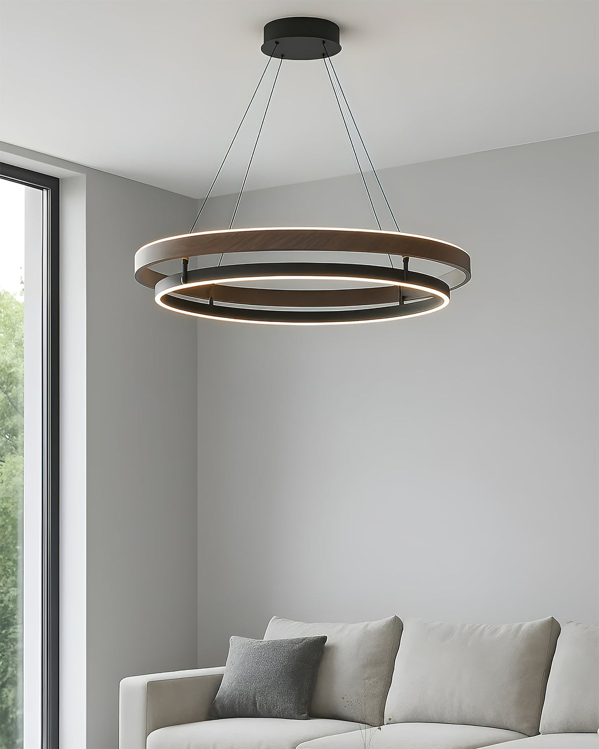 Halo Ring LED Pendant Light Walnut Finish Triac Dimmable Living Room