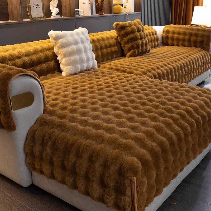 Faux Fur Couch Cover Non-Slip Bubble Plush for Sectionals