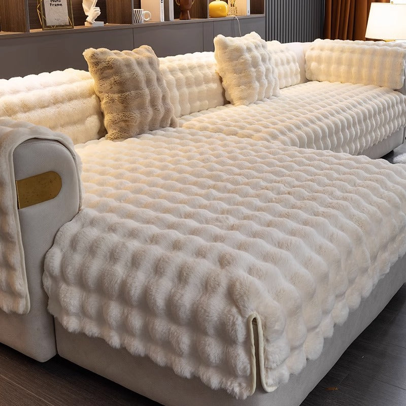 Faux Fur Couch Cover Non-Slip Bubble Plush for Sectionals