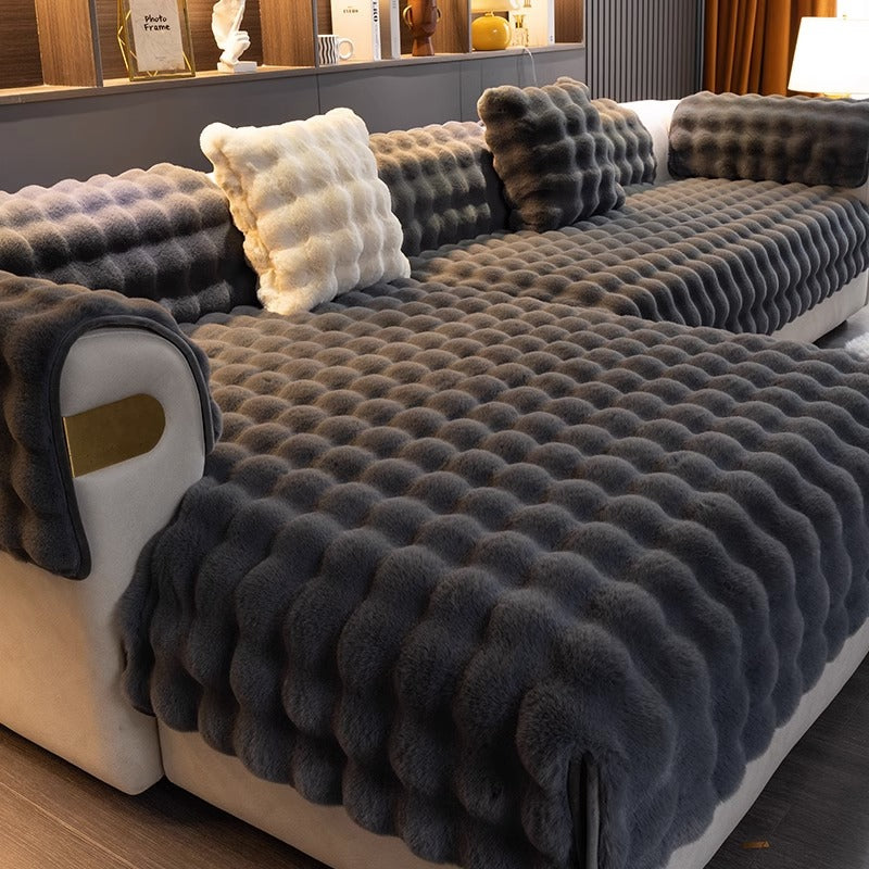 Faux Fur Couch Cover Non-Slip Bubble Plush for Sectionals